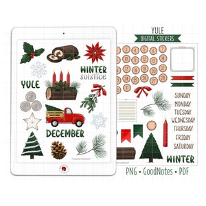 Yule Digital Planner Stickers, December Monthly Kit, GoodNotes Stickers, Pre-Cropped PNG, Printable PDF, Winter Solstice Journal Stickers