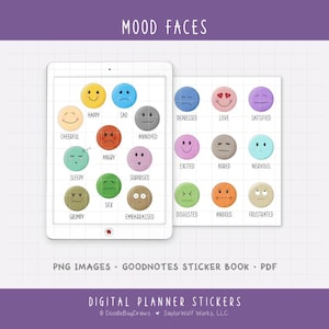 May include: A digital planner sticker set featuring various mood faces. The stickers include emotions like happy, sad, angry, and excited. The image shows a tablet displaying the stickers, with the text "MOOD FACES" at the top. The set includes PNG images, a GoodNotes sticker book, and PDF files.