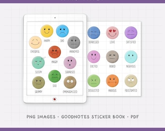 Mood Faces Digital Planner Stickers - Emotions and Feelings Icons (PNG, GoodNotes, PDF)
