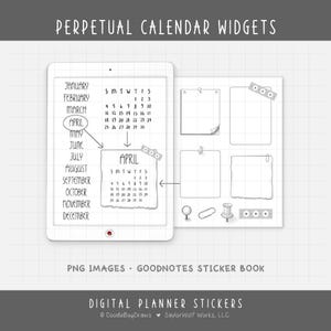 May include: Digital planner stickers featuring perpetual calendar widgets. The image shows a tablet with a calendar layout, including months and dates. Additional elements include sticky notes, push pins, and decorative tape. The text on the image reads "PERPETUAL CALENDAR WIDGETS".