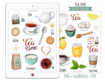 Tea Digital Planner Stickers, GoodNotes Stickers, Pre-Cropped PNG, Printable PDF, Cozy Tea Time Journal Stickers