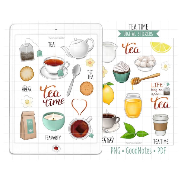 Tea Digital Planner Stickers, GoodNotes Stickers, Pre-Cropped PNG, Printable PDF, Cozy Tea Time Journal Stickers