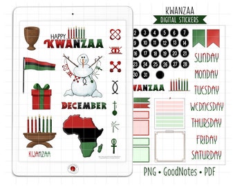 Kwanzaa Digital Planner Stickers, December Monthly Kit, GoodNotes Stickers, Pre-Cropped PNG, Printable PDF, Holiday Snowman Journal Stickers