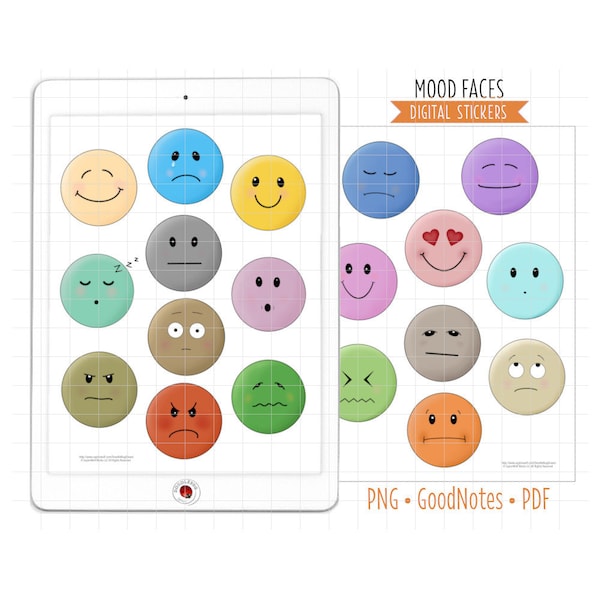 Mood Faces, Emotions Digital Planner Stickers, GoodNotes Stickers, Pre-Cropped PNG, Printable PDF, Happy, Sad, Feelings, Journal Stickers