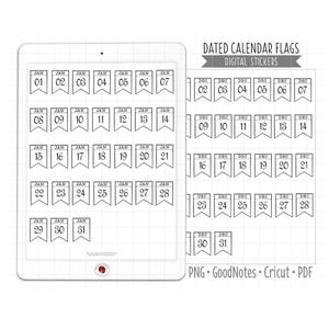 Datierte Tageskalender Flaggen Digitale Planer Aufkleber (GoodNotes, PNG, Cricut, Printable PDF)