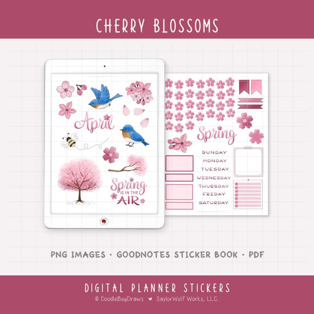 Cherry Blossoms - April Monthly Digital Planner Sticker Kit - Spring ...