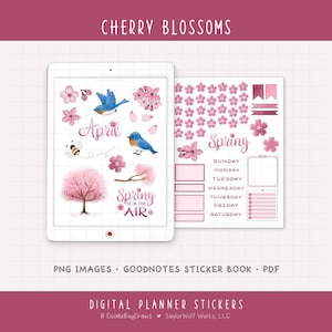 以下が含まれることがあります： 桜の花のデザインが施されたデジタルプランナーステッカー。ピンクの花、青い鳥、蜂の画像が含まれています。「April」と「Spring is in the Air」の文字が含まれています。また、週ごとのプランナーレイアウトも含まれています。