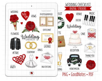 Hochzeit Checkliste Digitale Planner Aufkleber, GoodNotes Aufkleber, vorgeschnittenes PNG, druckbare PDF, Hochzeitszeremonie, Journal Aufkleber