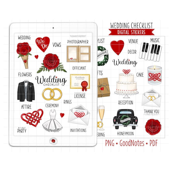Wedding Checklist Digital Planner Stickers, GoodNotes Stickers, Pre-Cropped PNG, Printable PDF, Marriage Ceremony, Journal Stickers