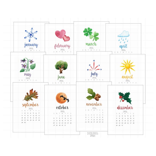 2024 Saisonale Mini-Kalender | 12 Monate 5x7, 4x6, Visitenkarte | Druckbare PDF, GoodNotes Sticker, PNG Bilder, digitale Planner Sticker