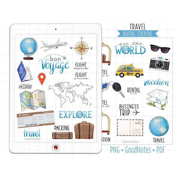 Travel Digital Planner Stickers, GoodNotes Stickers, Pre-Cropped PNG, Printable PDF, Vacation, Business Trip Flight Hotel, Journal Stickers