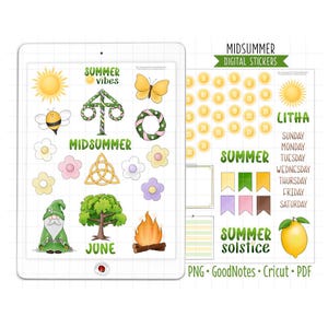 Mittsommer-Digital-Planer-Aufkleber, Juni Monatliches Kit, GoodNotes-Aufkleber, vorgeschnittene PNG, druckbare PDF, Sommersonnenwende-Journalaufkleber