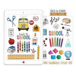 May include: A set of digital stickers for back to school featuring a yellow school bus, a red stop sign, a ruler, crayons, a glue bottle, a star, an apple, a book stack, a school crossing sign, a megaphone, musical notes, a paint palette, a telescope, a beaker, pencils, a calculator, geometric shapes, and a globe.