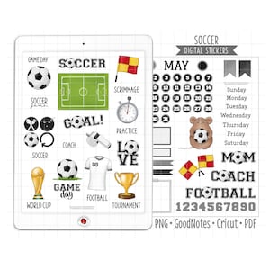 Puede incluir: Un conjunto de pegatinas digitales para los fanáticos del fútbol. Las pegatinas presentan una variedad de imágenes con temática futbolística, que incluyen un balón de fútbol, un campo de fútbol, un trofeo, un silbato y una camiseta. Las pegatinas son perfectas para agregar un toque de personalidad a tu planificador, diario u otros documentos digitales.