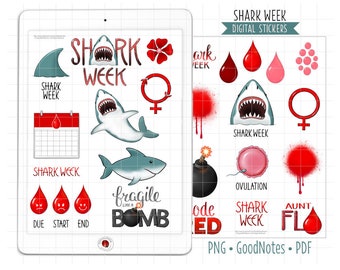 Shark Week Digital Planner Stickers, GoodNotes Stickers, Pre-Cropped PNG, Printable PDF, Period Tracker, Women's Health, Journal Stickers