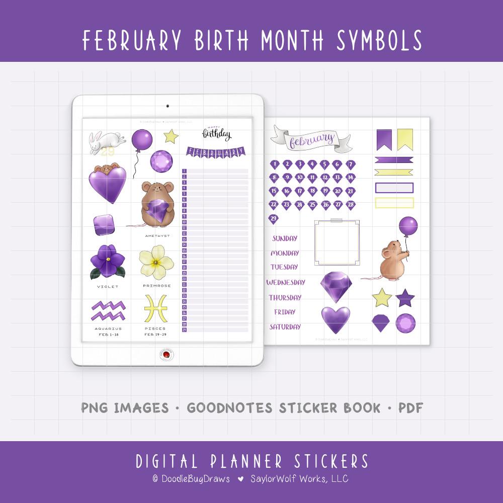 February Birth Month Symbols Digital Planner Stickers - Birthday ...