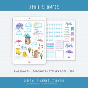 May include: Digital planner stickers with an "April Showers" theme. The image shows a tablet with illustrations of umbrellas, clouds, rain, and a mouse. The text includes "April Showers," "May Flowers," and a calendar layout. The bottom text reads "Digital Planner Stickers."