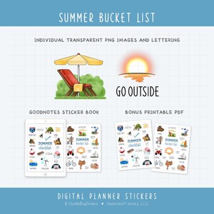 May include: Digital planner stickers with a summer bucket list theme. The image includes illustrations of a beach chair, sun, and various summer activities. Text includes "Summer Bucket List", "Go Outside", and "Digital Planner Stickers".