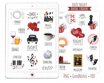 Date Night Digital Planner Stickers, GoodNotes Stickers, Pre-Cropped PNG, Printable PDF, Recreation, Entertainment, Journal Stickers