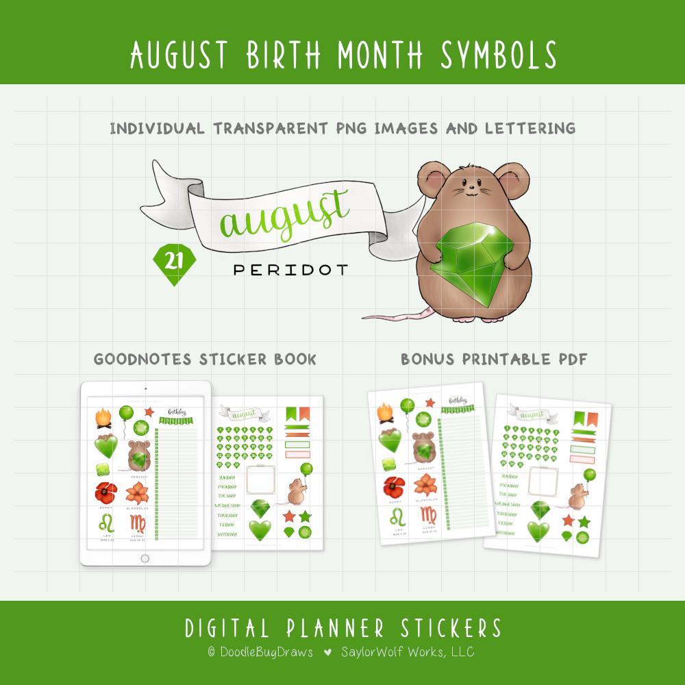 August Birth Month Symbols Digital Planner Stickers - Birthday Tracker ...