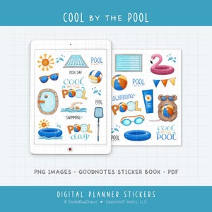 Digitala planeringsklistermärken för simning - Dag vid poolen - Sommaraktivitetsikoner (PNG, GoodNotes, PDF)