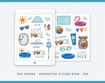 Swimming Digital Planner Stickers - Day at the Pool - Summer Activity Icons (PNG, GoodNotes, PDF)