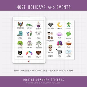 Op de afbeelding: Digitale planner stickers met illustraties van feestdagen en evenementen. Bevat afbeeldingen voor Inauguratie, Schrikkeldag, Verjaardag, Eid al-Adha, Ramadan, Eid al-Fitr, School, Break, Arbor Day, May Day, en meer. Ontworpen voor digitaal gebruik.