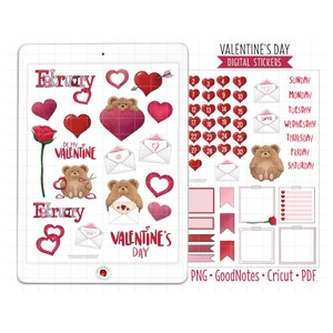 Osito de peluche para San Valentín, pegatinas para agenda digital, kit mensual de febrero, pegatinas de GoodNotes, PNG, PDF imprimible, pegatinas de diario con corazones
