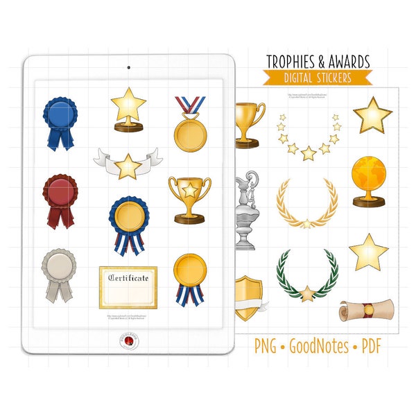 Trophies, Awards and Ribbons Digital Planner Stickers, GoodNotes Stickers, PNG, Printable PDF, Celebration Winner Victory, Journal Stickers