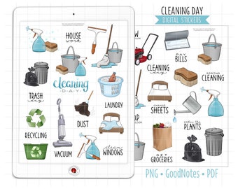 Household Chores Digital Planner Stickers, Cleaning Day, GoodNotes Stickers, Pre-Cropped PNG, Printable PDF, Housework Journal Stickers