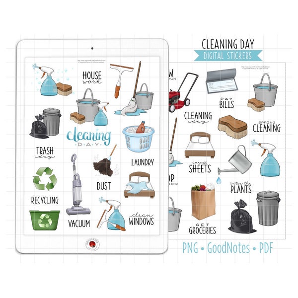 Household Chores Digital Planner Stickers, Cleaning Day, GoodNotes Stickers, Pre-Cropped PNG, Printable PDF, Housework Journal Stickers