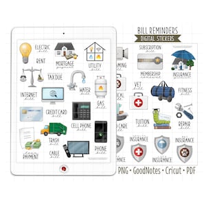 Rechnungserinnerungen Digitale Planner Aufkleber, GoodNotes Aufkleber, Pre-Cropped PNG, Druckbare PDF, Hausbesitzer nützt Zahlungen Journal Aufkleber