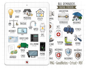 Rechnungserinnerungen Digitale Planner Aufkleber, GoodNotes Aufkleber, Pre-Cropped PNG, Druckbare PDF, Hausbesitzer nützt Zahlungen Journal Aufkleber
