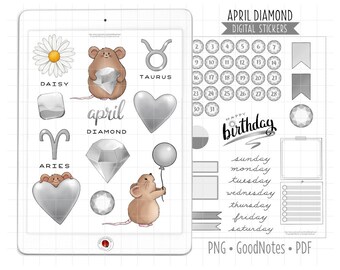 April Birthstone Digital Planner Stickers, Silver Diamond Monthly Kit, GoodNotes Stickers, PNG, Printable PDF, Birthday Journal Stickers