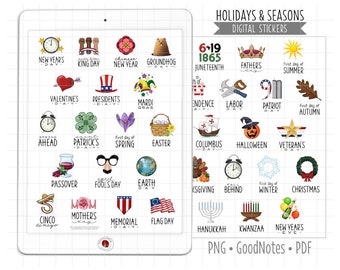 US Holidays and Seasons Digital Planner Stickers, GoodNotes Stickers, Pre-Cropped PNG, Printable PDF, Annual Calendar Icons Journal Stickers