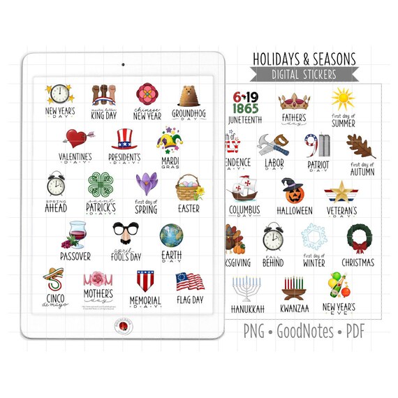 US Holidays and Seasons Digital Planner Stickers, Goodnotes