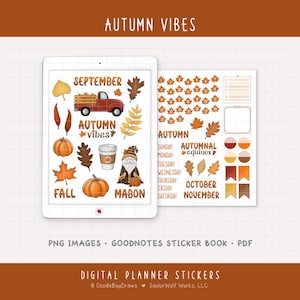 May include: Digital planner stickers with an autumn theme. The stickers include pumpkins, leaves, a red truck, and the words "Autumn Vibes", "September", "Fall", "Mabon", "October", and "November". The stickers are in PNG format.