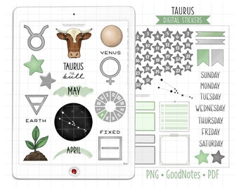 Taurus the Bull Digital Planner Stickers, April / May Monthly Kit, GoodNotes Stickers, PNG, Printable PDF, Astrology Journal Stickers