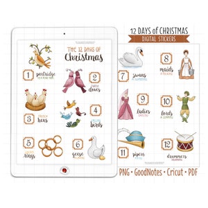 12 Days of Christmas Digital Planner Stickers, GoodNotes Stickers, Pre-Cropped PNG, Printable PDF, December Holiday Journal Stickers