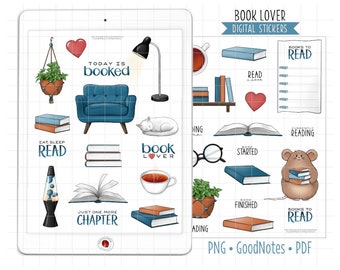 Book Lover Digital Planner Stickers, GoodNotes Stickers, Pre-Cropped PNG, Printable PDF, Cozy Reading Journal Stickers