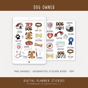 Op de afbeelding: Digitale planner stickers met een hondenthema. De stickers bevatten afbeeldingen van een hondenhok, pootafdrukken, een hondenbot, een halsband en tekst zoals "Dog Mom", "Dog Park" en "Vet Appt". De tekst "Dog Owner" staat bovenaan.