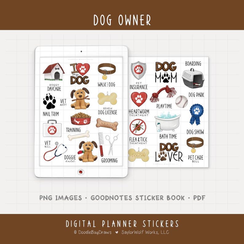 May include: Digital planner stickers with a dog theme. The stickers include images of a dog house, paw prints, a dog bone, a dog collar, and text such as "Dog Mom", "Dog Park", and "Vet Appt". The text "Dog Owner" is at the top.