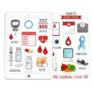 May include: Digital stickers for diabetes awareness. The stickers feature illustrations of a blood sugar meter, lab tests, a doctor's visit, an eye exam, a prescription, insulin, exercise, and more. The stickers are perfect for planners, journals, and other creative projects.