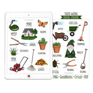 Werfwerk digitale plannerstickers - gazononderhoud klusjes kalenderpictogrammen (GoodNotes, PNG, Cricut, afdrukbare pdf)