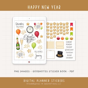 Könnte beinhalten: Digitale Planer-Aufkleber mit Neujahrsthema. Die Aufkleber enthalten Luftballons, Champagner, Feuerwerk, Sterne und die Wörter "Happy New Year" und "January". Es gibt auch Aufkleber für die Wochentage und einen Zylinder.