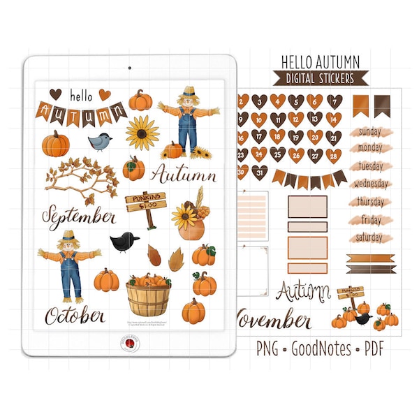 Autumn Digital Planner Stickers September Monthly Kit, GoodNotes Stickers, Pre-Cropped PNG, Printable PDF, Fall, Autumn Journal Stickers