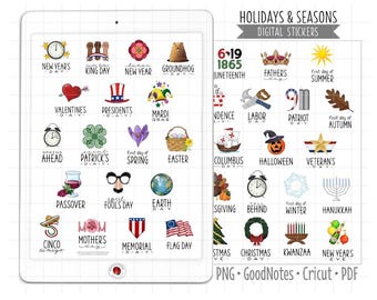 US Holidays and Seasons Digital Planner Stickers, GoodNotes Stickers, Pre-Cropped PNG, Printable PDF, Annual Calendar Icons Journal Stickers