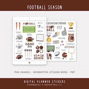 May include: Digital planner stickers with a football theme. Includes images of footballs, helmets, jerseys, and game day elements. Text includes "Football Season", "Game Day", and "Superbowl".