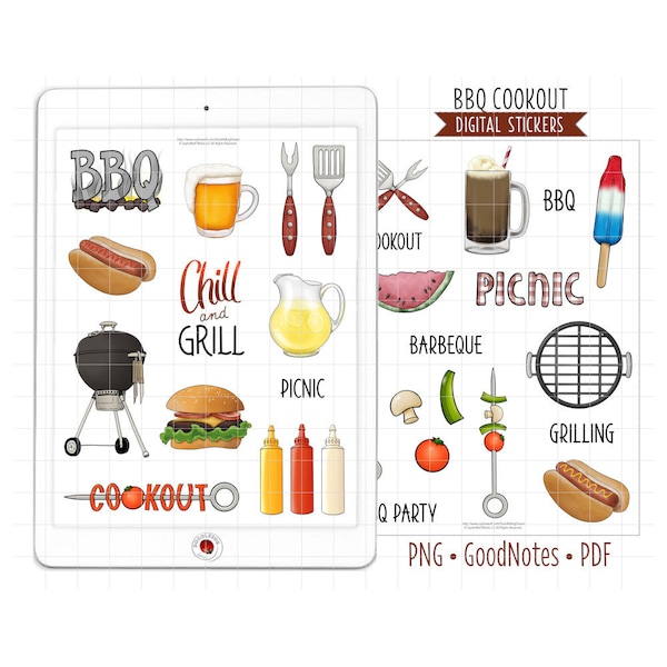 Cookout Digital Planner Stickers, GoodNotes Stickers, Pre-Cropped PNG, Printable PDF, Backyard BBQ, Grilling, Picnic, Food Journal Stickers