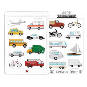 Transportation Digital Planner Stickers, GoodNotes Stickers, Vehicles Pre-Cropped PNG, Printable PDF, Car Truck Bus Auto, Journal Stickers